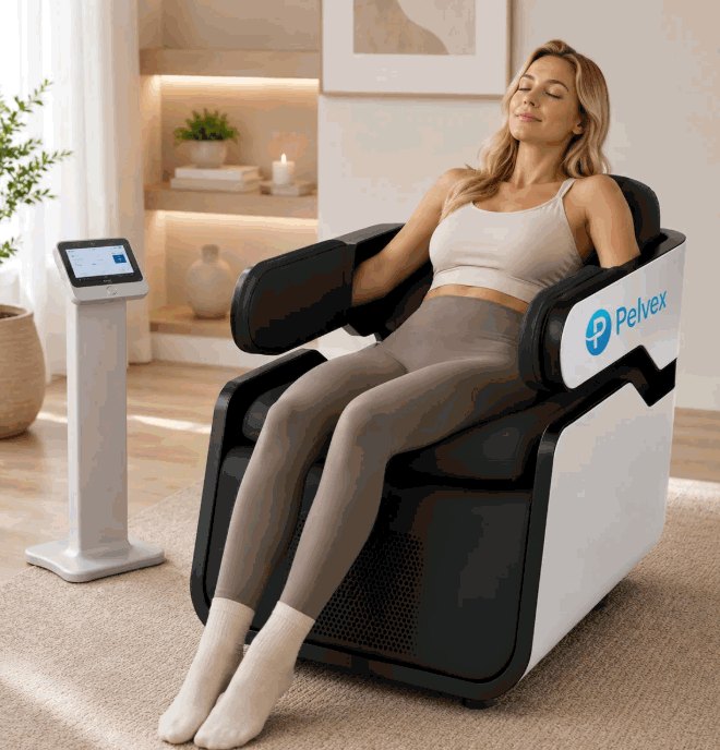 A woman resting comfortably, fully clothed, in the Pelvex chair